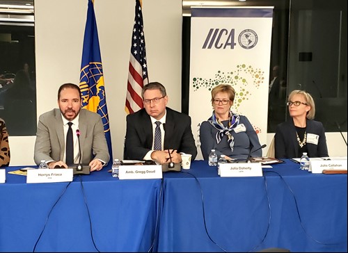 The United States’ Chief Agricultural Trade Negotiator Ambassador Gregg Doud and his top agriculture trade team discuss key trade issues with agricultural attaches and representatives of International Organizations during IICA’s high-level trade meeting hosted in Washington DC
