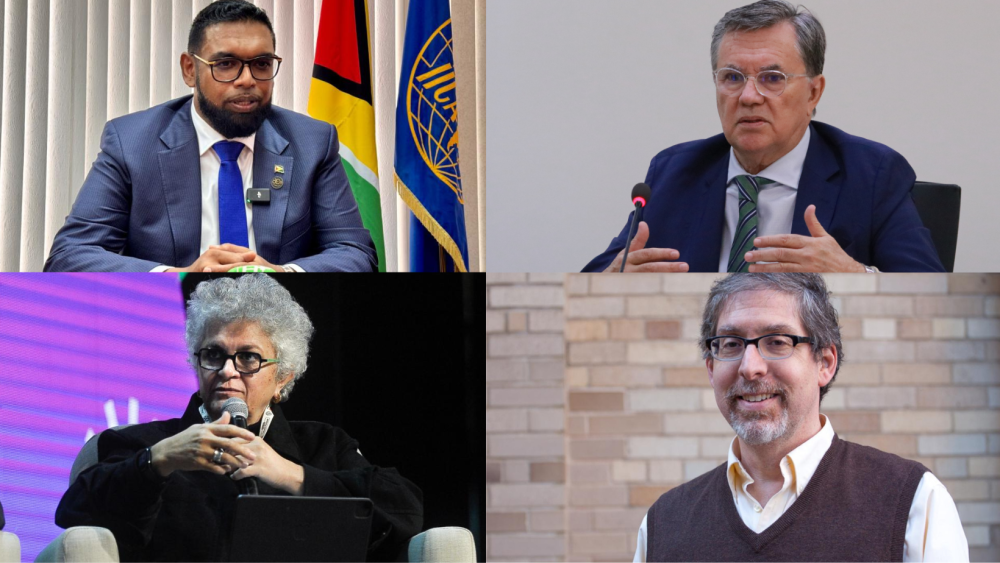 Mohammed Irfaan Ali, presidente de la República Cooperativa de Guyana; Manuel Otero, Director General del IICA; Izabella Teixeira, ex ministra de Medio Ambiente de Brasil y Asesora Especial del IICA para el G20 y las COP 29 y 30; y Jeffrey Shaman, Decano Interino de la Escuela de Clima de Columbia.