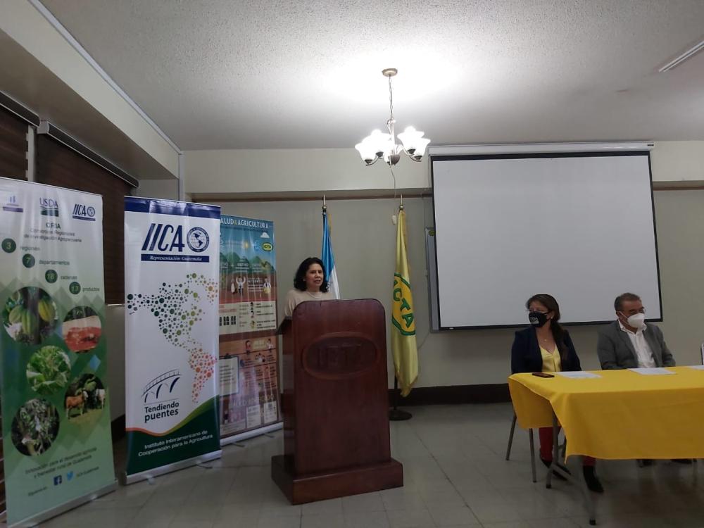 La Inga. María Febres, Representante del IICA Guatemala asiste al acto protocolario, donde se entregaron equipos de computación al ICTA.