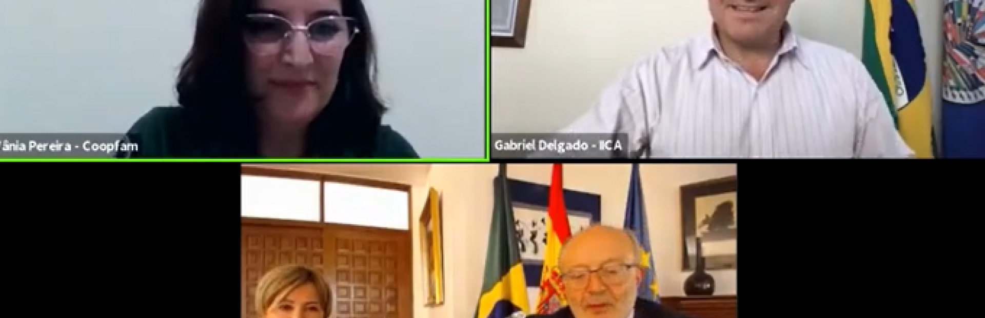 Print de tela: Vânia Pereira da Coopfam, Gabirel Delgado do IICA, conselheira Elisa Barahona Nieto  e embaixador Fernando Garcia Casas da Embaixada da Espanha