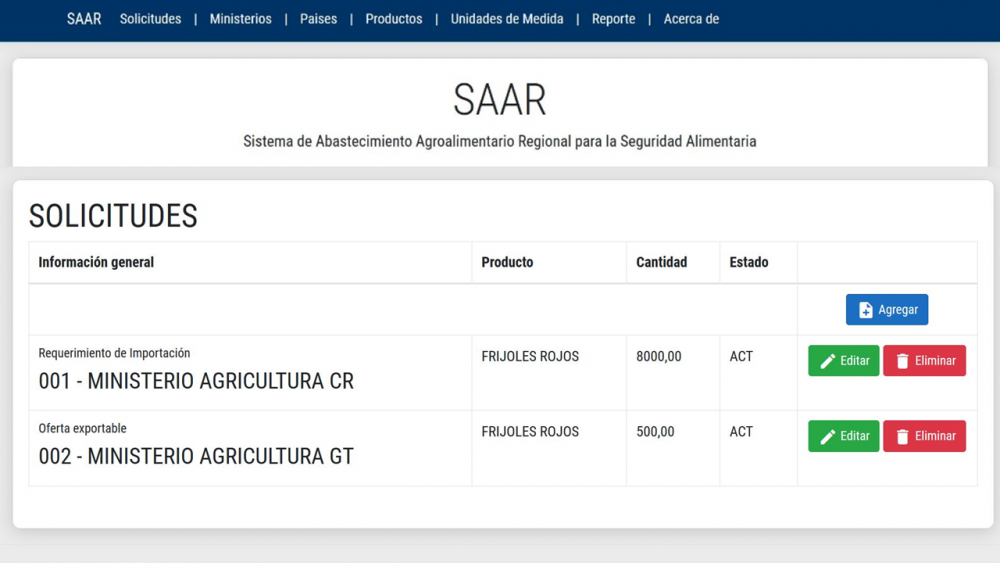 Vista del aplicativo que permitirá a las autoridades agrícolas compartir y conocer información en tiempo real sobre excedentes o escasez en los países de productos, y así fomentar el comercio intrarregional.