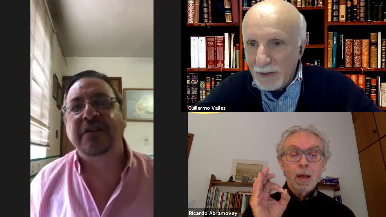 El webinar en el que participaron Guillermo Valles (arriba, der.) y Ricardo Abramovay (abajo, der.), fue moderado por el periodista agropecuario argentino radicado en México, Hugo Castellano. Los seminarios restantes de este ciclo también serán moderados por periodistas internacionales.