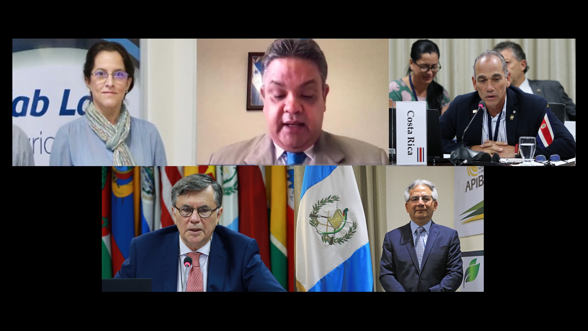 La viceministra de Agricultura y Ganadería de El Salvador, Lily Pacas, el subsecretario de Agricultura de Honduras, David Wainwright, ministro de Agricultura y Ganadería de Costa Rica y presidente pro témpore del CAC, Renato Alvarado, el Director General del IICA, Manuel Otero, y el ministro de Agricultura, Ganadería y Alimentación de Guatemala, José Angel López.