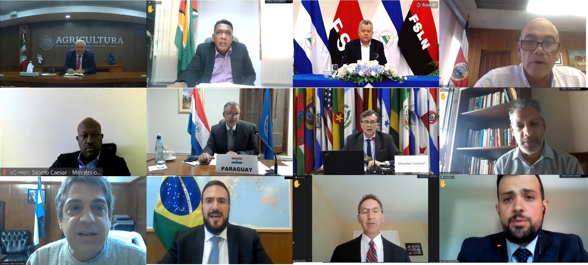 El Secretario de Agricultura y Desarrollo Rural de México, Víctor Villalobos; el Ministro de Agricultura de Guyana, Zulfikar Mustapha; el Ministro Agropecuario de Nicaragua, Edward Centeno; el Ministro de Agricultura y Ganadería de Costa Rica, Renato Alvarado; el Ministro de Agricultura, Silvicultura, Pesca, Transformación Rural, Industria y Trabajo de San Vicente y las Granadinas, Saboto Caesar; el Ministro de Agricultura y Ganadería de Paraguay, Moisés Santiago Bertoni; el Director General del IICA, Manuel Otero; el Ministro de Agricultura, Suelos y Pesca de Trinidad y Tobago, Clarence Rambharat; el Subsecretario de Coordinación Política del Ministerio de Agricultura, Ganadería y Pesca de Argentina, Ariel Martínez; el Secretario Adjunto de la Secretaría de Comercio y Relaciones Internacionales del Ministerio de Agricultura, Ganadería y Abastecimiento de Brasil, Flavio Bettarello; el Director de Asuntos Multilaterales en la Secretaría de Agricultura (USDA) de Estados Unidos, Joe Hain; y el Director Adjunto de Relaciones Multilaterales, Negociaciones y Acuerdos Comerciales del Ministerio de Agricultura y Alimentación de Canadá, James Breithauph, durante la reunión virtual del Comité Ejecutivo del Instituto.