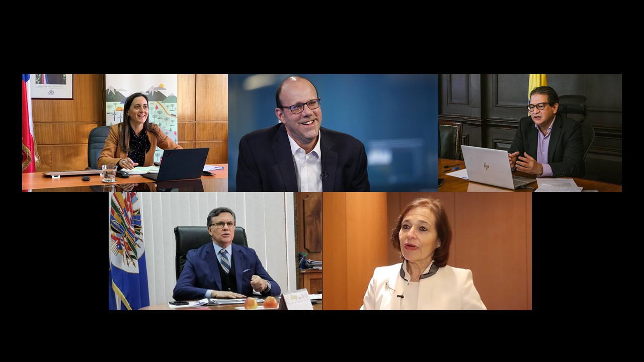 La ministra de Agricultura de Chile, María Emilia Undurraga; el Nobel de Economía 2019 y Embajador de Buena Voluntad del IICA, Michael Kremer; el ministro de Agricultura y Desarrollo Rural de Colombia, Rodolfo Zea Navarro; el Director General del IICA, Manuel Otero; y la presidenta y directora ejecutiva de The Americas Society/Consejo de las Américas, Susan Segal, fueron parte de los participantes del debate.