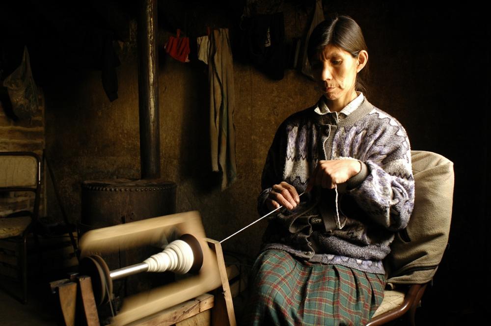 Foto tomada en Rucachoroi, provincia de Neuquén en el año 2005. La imagen se llama “Tejedora mapuche”. Forma parte de la serie “Hombres y mujeres de nuestra tierra” La foto recibió el primer premio en la categoría “Mujer trabajadora” en el concurso “Los trabajos y los días” que organiza anualmente la Escuela Nacional Sindical en Medellín, Colombia, en el año 2007.