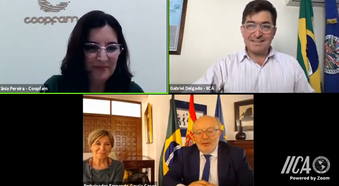 Print de tela: Vânia Pereira da Coopfam, Gabirel Delgado do IICA, conselheira Elisa Barahona Nieto  e embaixador Fernando Garcia Casas da Embaixada da Espanha