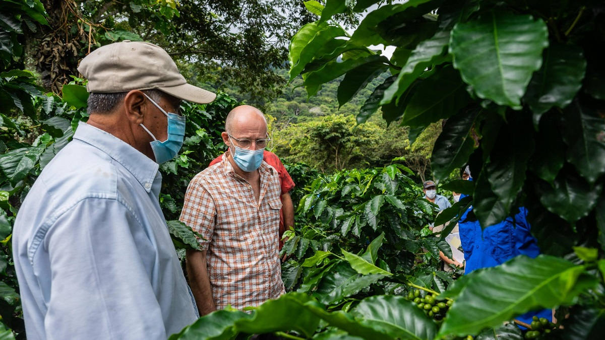 El embajador y jefe de la Delegación de la Unión Europea en El Salvador, François Roudié (centro), visitó los territorios de Guadalupe, San Vicente y San Juan Nonualco y Jucuapa en La Paz, donde compartió con productores beneficiarios del PROCAGICA.