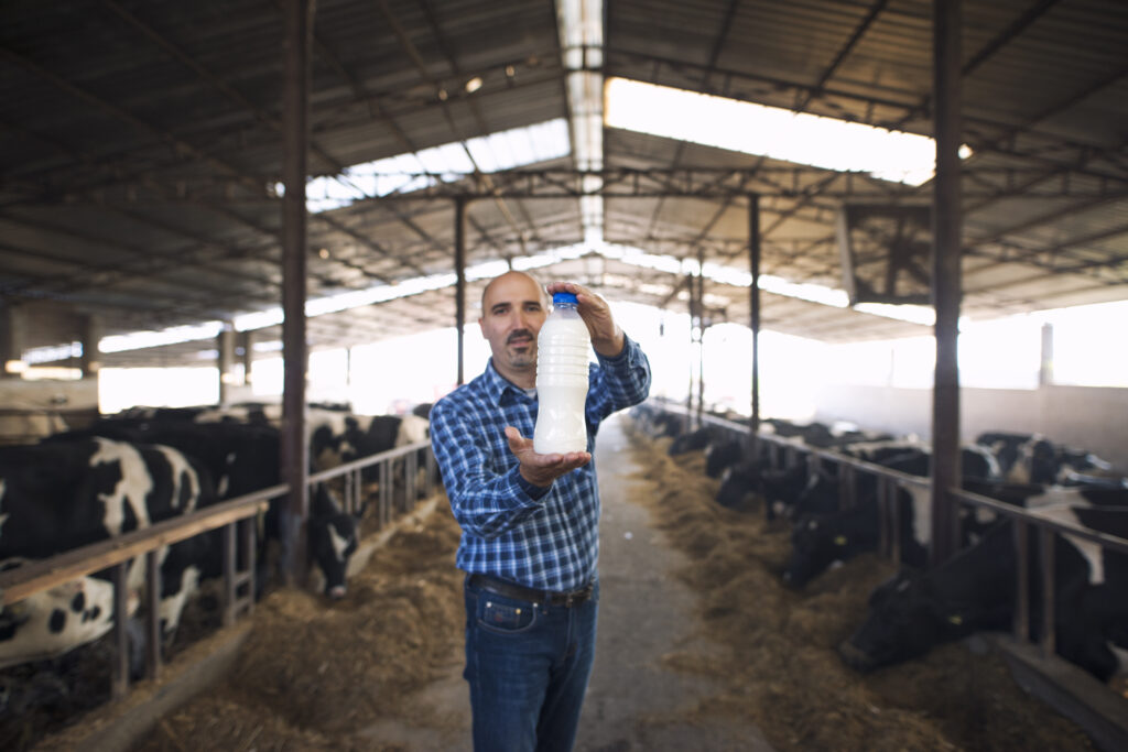 farmer-standing-cow-s-farm-holding-bottle-fresh-milk-while-cows-eating-hay-background