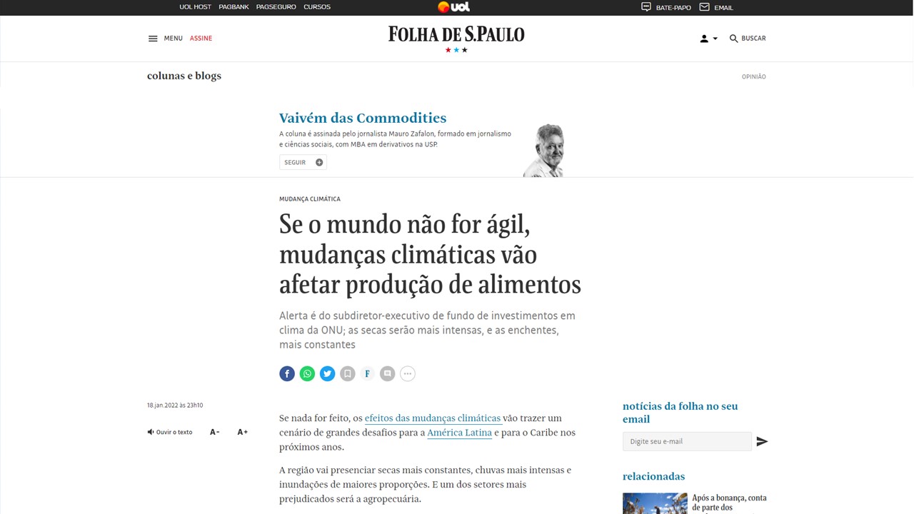 El diario Folha de S.Paulo, de Brasil, entrevistó al Subdirector Ejecutivo del Fondo Verde del Clima, Javier Manzanares, quien resaltó el poder geopolítico que la biodiversidad y los recursos naturales pueden conferir a América Latina y el Caribe.