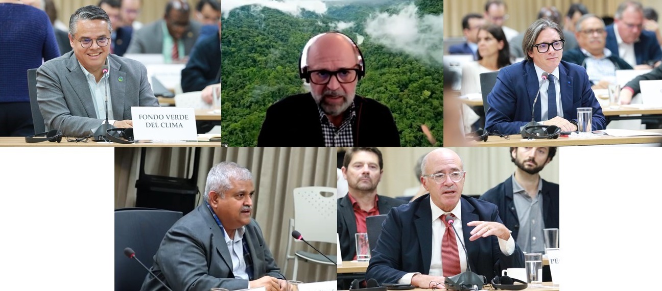 Henry González, Director Ejecutivo Adjunto del Fondo Verde para el Clima; Carlos Manuel Rodríguez, Director General y Presidente del Fondo Mundial para el Medio Ambiente; Christian Asinelli, Vicepresidente Corporativo de Programación Estratégica de  CAF-Banco de Desarrollo de América Latina; Satya Tripathi, Secretario General de la Alianza Global por un Planeta Sostenible; y Craig Cogut, fundador y socio codirector de Pegasus Capital Advisors.