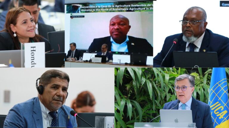 Laura Elena Suazo, Secretary of Agriculture and Livestock of Honduras; Saboto Caesar, Minister of Agriculture of St. Vincent and the Grenadines; Indar Weir, Chair of the IICA Executive Committee; Limber Cruz, Minister of Agriculture of the Dominican Republic; and Manuel Otero, Director General of IICA.