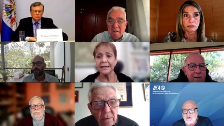 Manuel Otero, Director General del IICA; José Emilio Guerrero, profesor de la UCO de España; Rosa Gallardo, Directora de la Cátedra de Inteligencia Artificial y Agricultura del mismo centro académico; Carlos Alzate, experto en IA y CEO de AI Fund; Gloria Abraham, Carlos Gustavo Cano Sanz, Eduardo Trigo, y Martín Piñeiro, miembros del Consejo Asesor para la Transformación de los Sistemas Agroalimentarios del Instituto; y Jorge Werthein, Asesor Especial del Director General del IICA.