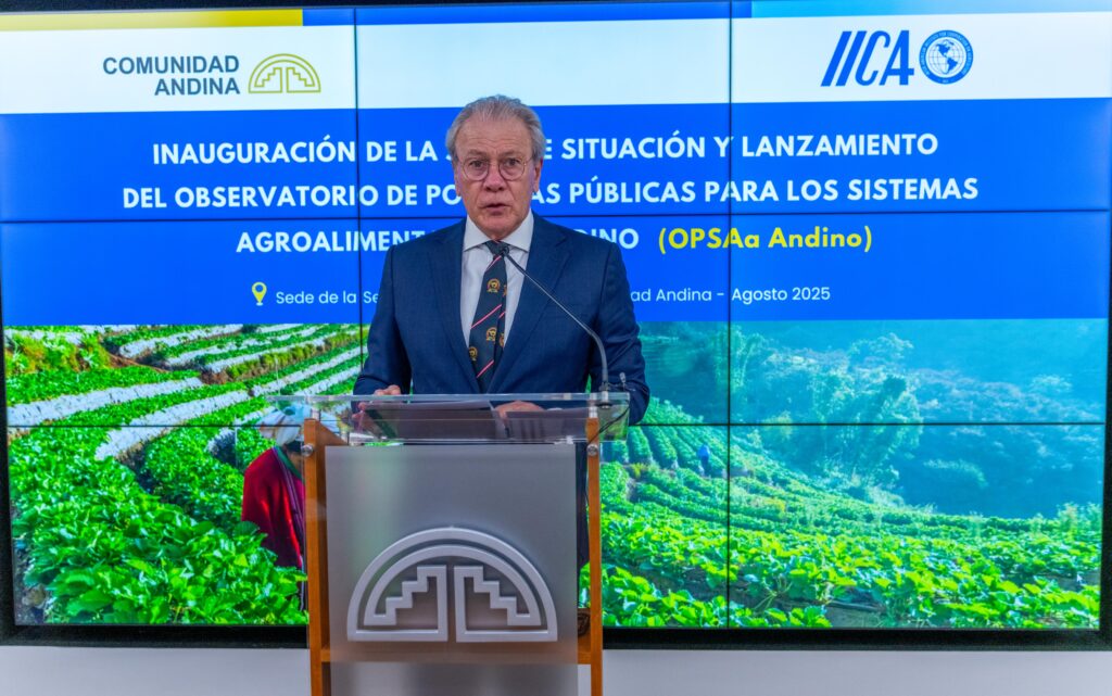 : Inauguración del OPSAa Andino en la sede de la Comunidad Andina: evento oficial que marca el lanzamiento del Observatorio de Políticas Públicas para los Sistemas Agroalimentarios, con participación del IICA y enfoque en agricultura sostenible, integración regional y desarrollo rural.