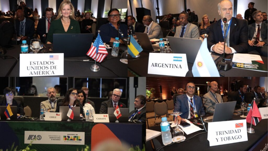 Delegaciones ministeriales de países como Estados Unidos, Argentina, Chile, Canadá y Trinidad y Tobago participan en la Conferencia de Ministros de Agricultura de las Américas 2025, organizada por el IICA en Brasilia. La imagen muestra carteles con nombres de países, banderas y equipos de trabajo en mesas de negociación, reflejando la diversidad y el compromiso hemisférico con la agricultura sostenible y la acción colectiva.