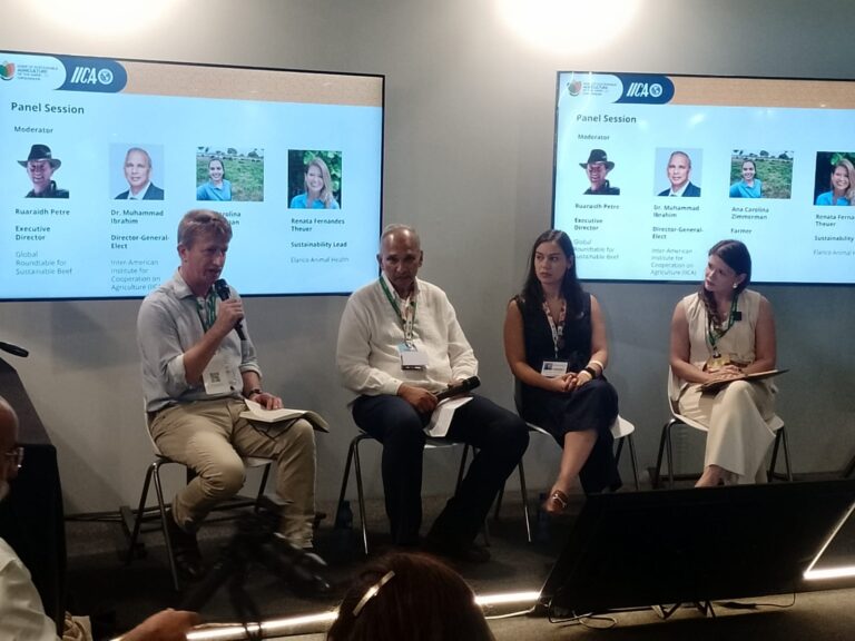 Panel sobre sostenibilidad y ganadería en la COP30, organizado por el Instituto Interamericano de Cooperación para la Agricultura (IICA). Expertos internacionales discuten la importancia de la carne vacuna, la reducción de emisiones de gases de efecto invernadero y las soluciones agropecuarias para enfrentar el cambio climático en Belém do Pará, Brasil.